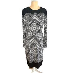 Maggy London Monochrome Chevron Medallion Bodycon Sheath Midi Dress 8 Cocktail